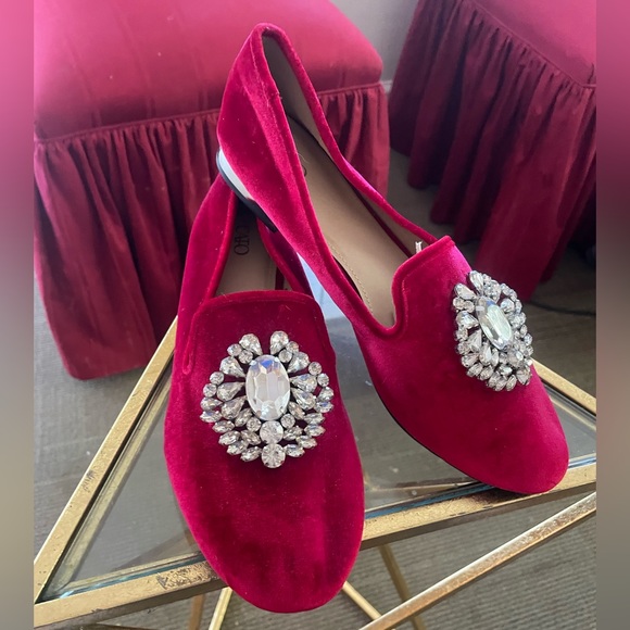 Cato Crushed Red Velvet Flats  Faux Suede Loafers Womens 10M w Rhinestone Broach - Picture 6 of 15